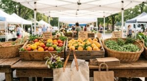 A farmers market produce table with crates of tomatoes and peaches and a canvas tote bag