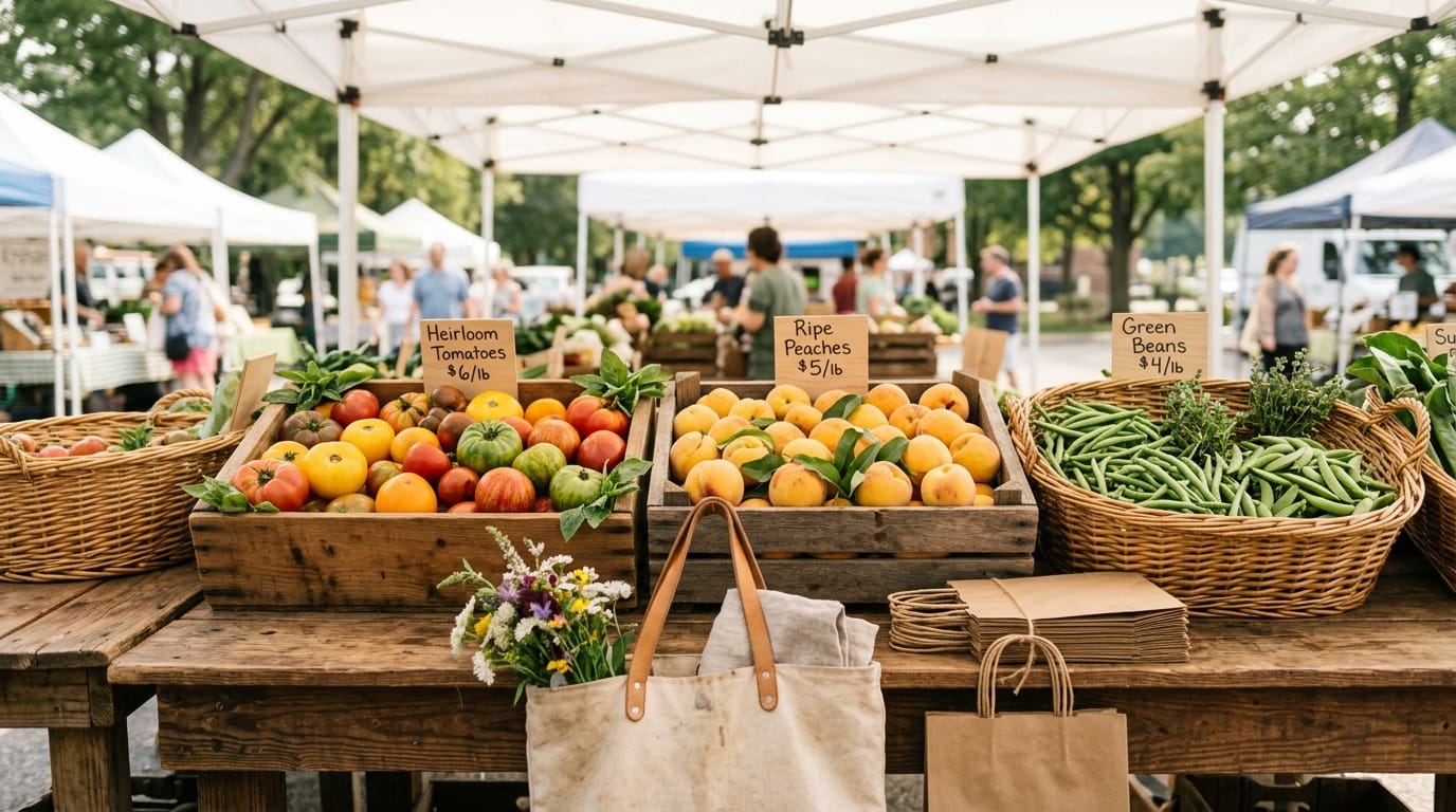 A farmers market produce table with crates of tomatoes and peaches and a canvas tote bag