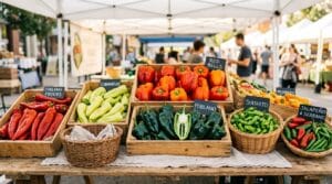 Crates of sweet and hot peppers at a farmers market stall in reds, greens, oranges, and purples