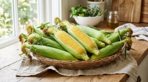 Fresh sweet corn in green husks piled in a woven basket, two ears peeled to show plump kernels