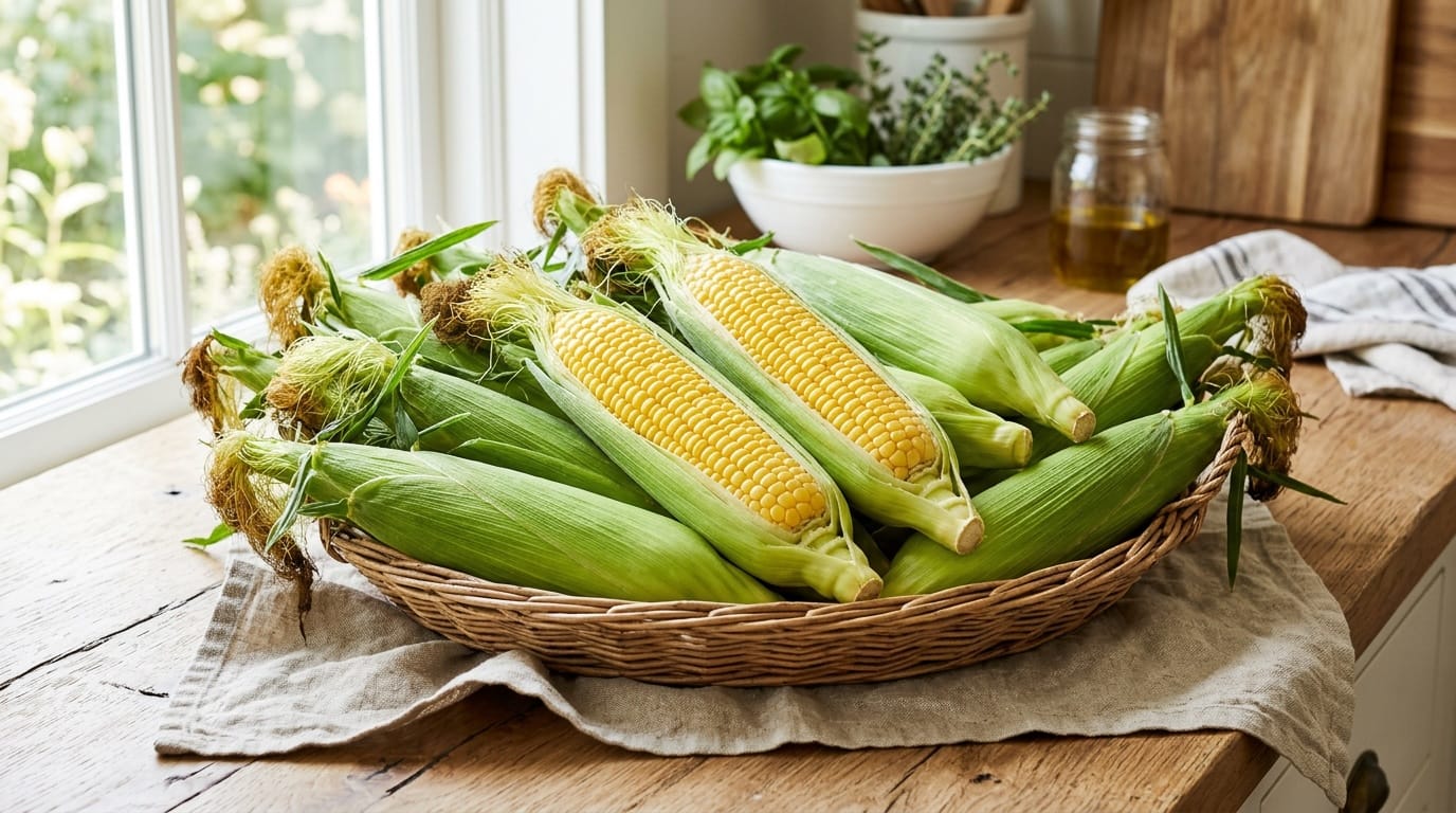 Fresh Sweet Corn at the Farmers Market Fresh sweet corn in green husks piled in a woven basket, two ears peeled to show plump kernels