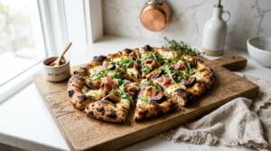 A flatbread topped with fresh figs, prosciutto, arugula and a drizzle of hot honey on a wooden board