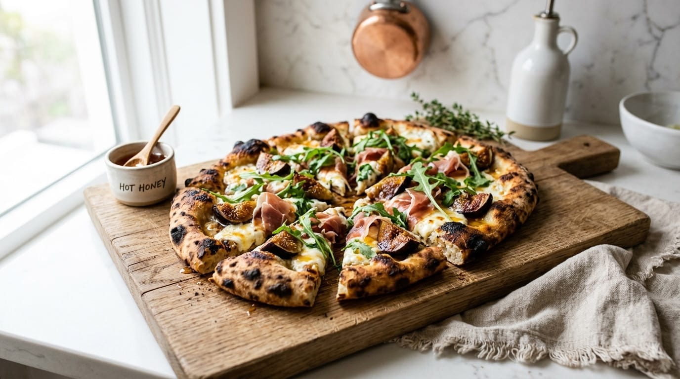 A flatbread topped with fresh figs, prosciutto, arugula and a drizzle of hot honey on a wooden board