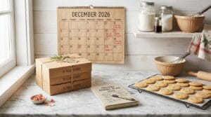 A wall calendar with December order deadlines circled beside stacked bakery boxes and fresh cookies