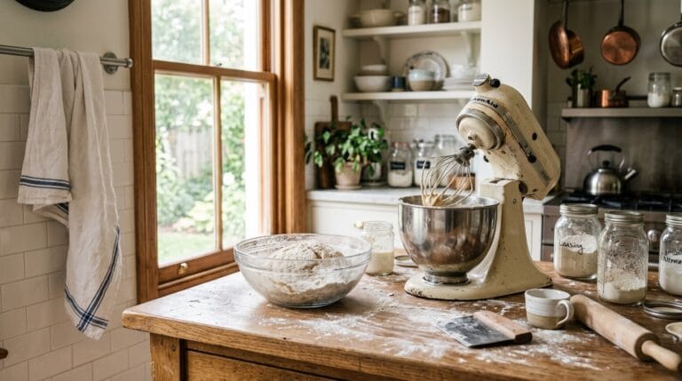 A home baker's kitchen counter with cooling loaves, jars of jam, and labeled kraft packaging