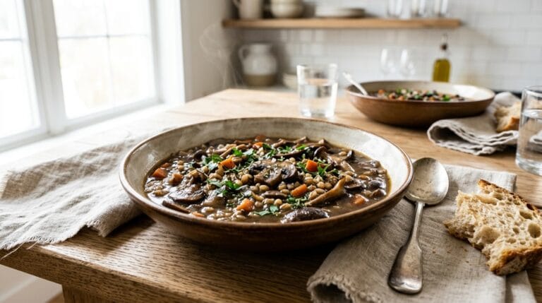 A ceramic bowl of mushroom and barley soup with fresh thyme and crusty bread on an oak table
