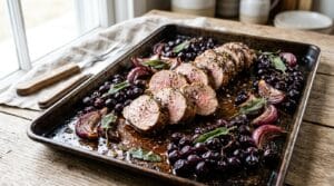 Sliced roasted pork tenderloin on a sheet pan with burst Concord grapes, red onion, and crisped sage