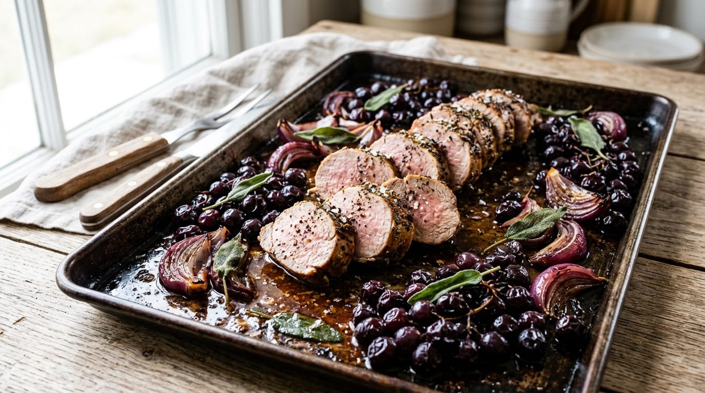 Sliced roasted pork tenderloin on a sheet pan with burst Concord grapes, red onion, and crisped sage
