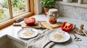 Tomato seeds drying on a labeled ceramic plate beside halved heirloom tomatoes and peppers