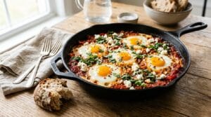 A cast iron skillet of baked eggs in a blistered tomato and pepper sauce topped with feta and basil