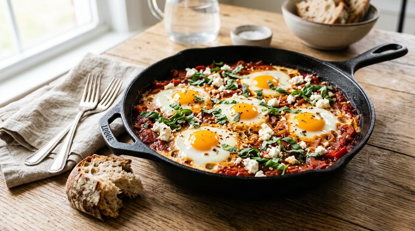 Skillet Baked Eggs with Blistered Tomatoes and Feta