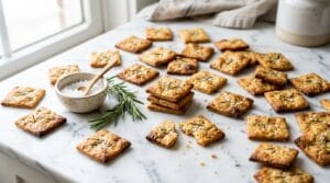 Golden homemade sourdough discard crackers with rosemary and flaky sea salt scattered on marble