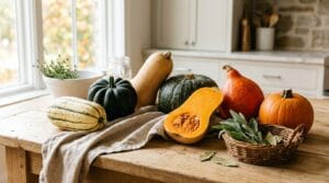 Six winter squash varieties including delicata, butternut, kabocha, and red kuri on an oak table