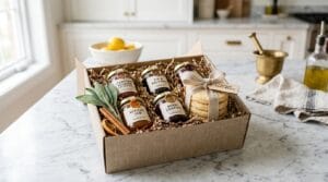 Artisan cottage food gift box with jars of preserves and shortbread on a marble counter