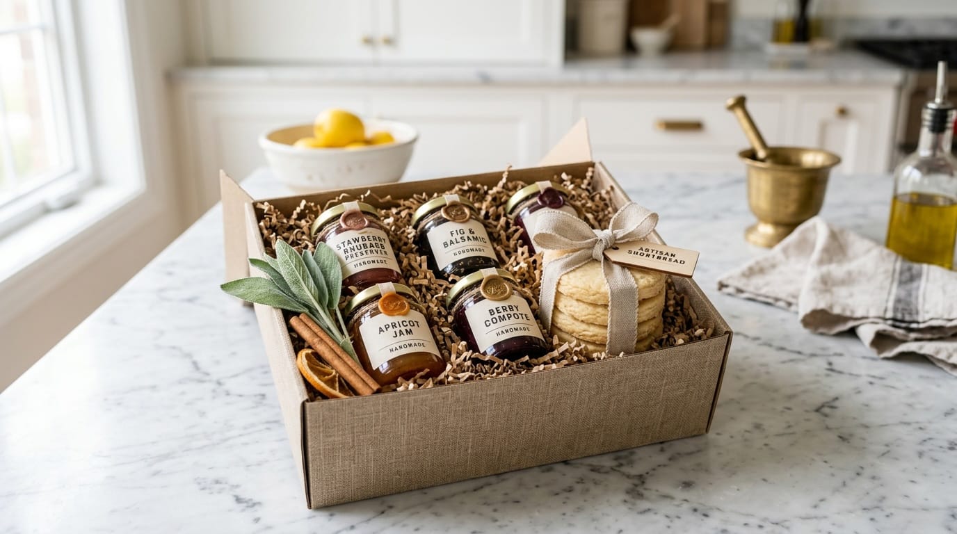 Artisan cottage food gift box with jars of preserves and shortbread on a marble counter