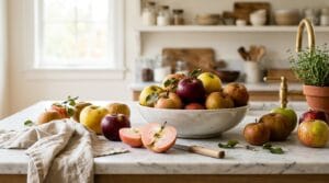 Heirloom apples in a ceramic bowl on a marble counter with one apple halved