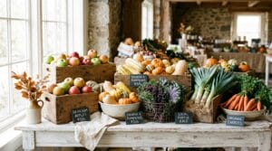 Fall farmers market display with apples, winter squash, kale, leeks and carrots