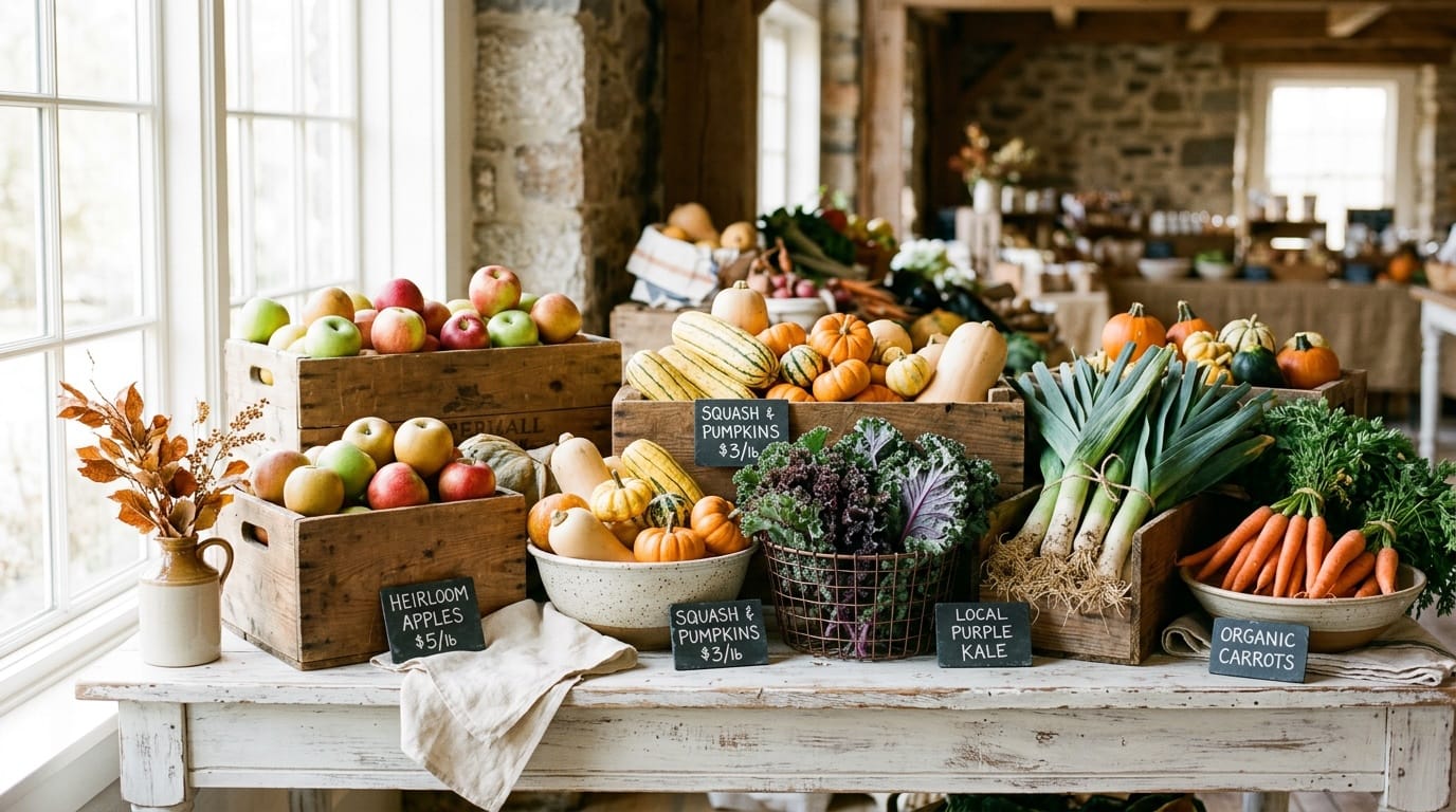 Fall farmers market display with apples, winter squash, kale, leeks and carrots