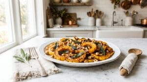 Roasted delicata squash with brown butter, crisp sage and toasted hazelnuts on a white platter