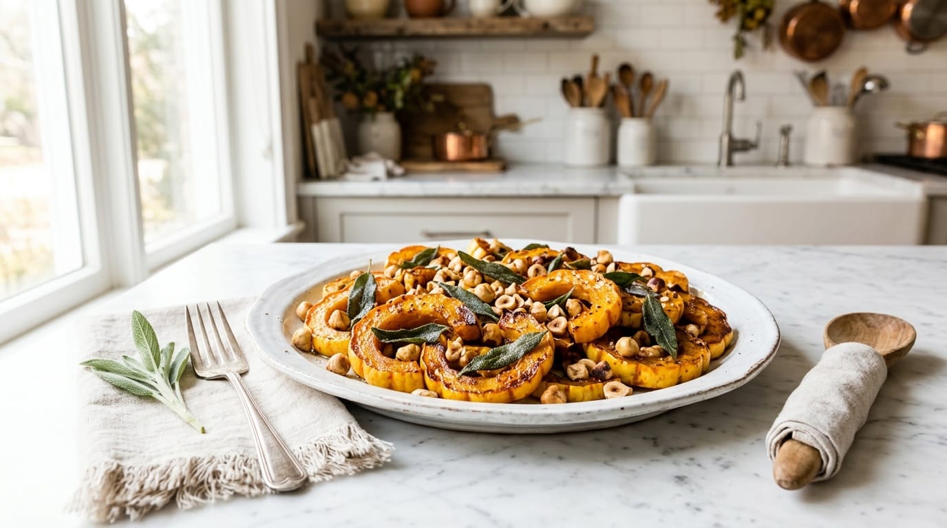 Roasted delicata squash with brown butter, crisp sage and toasted hazelnuts on a white platter