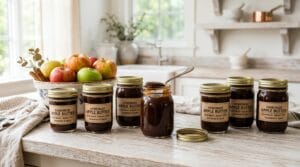 Jars of homemade apple butter with whole apples and cinnamon sticks on a wood counter