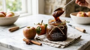Jar of dark homemade slow cooker apple butter with a spoon and whole apples on marble