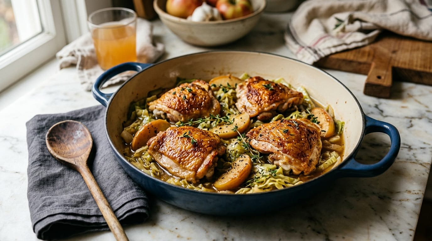 Apple Cider Braised Chicken Thighs with Cabbage and Apples Apple cider braised chicken thighs with crisp golden skin over braised cabbage and apple wedges in a blue enameled braiser on a marble counter