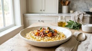 Butternut squash risotto with roasted squash cubes and crisp pancetta in a shallow bowl