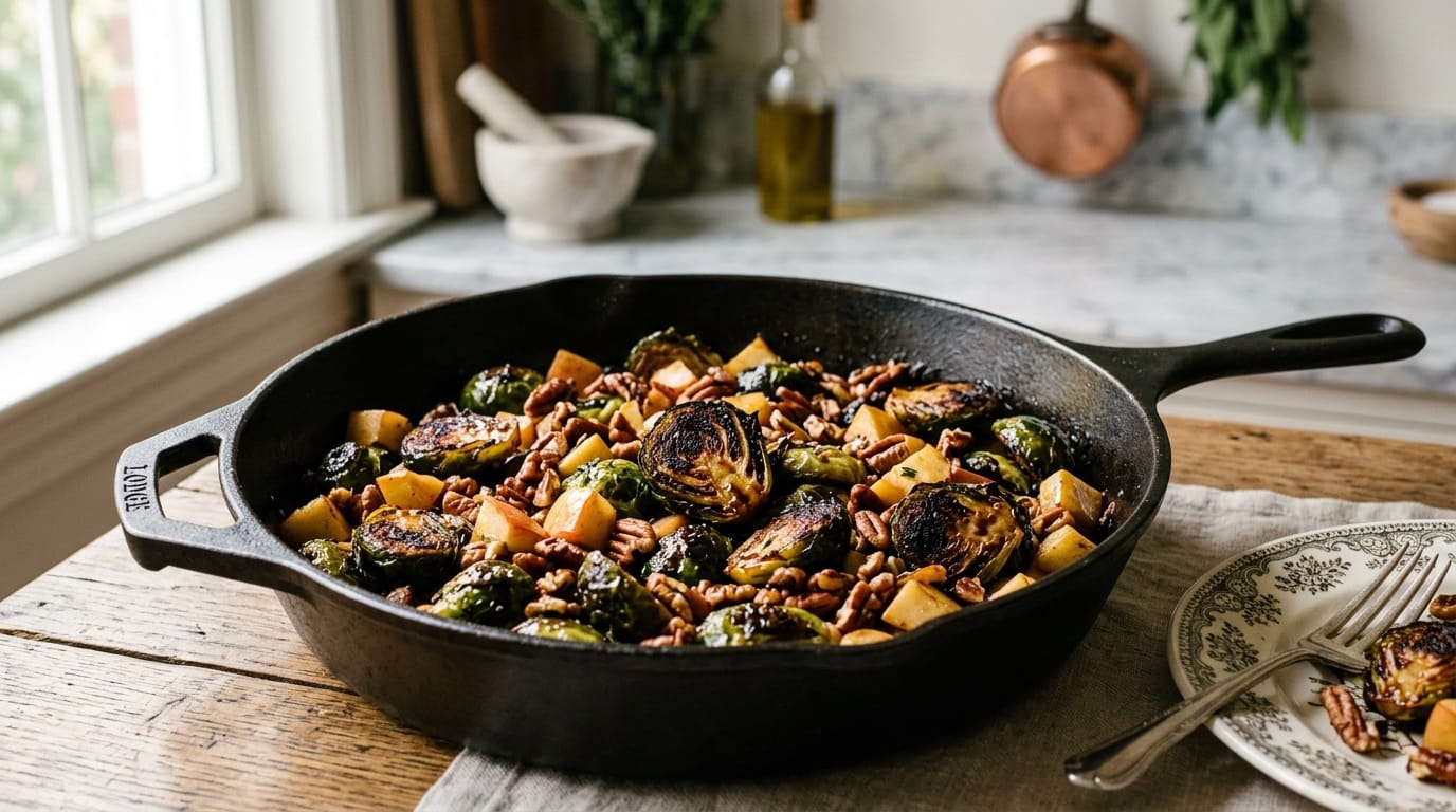Crispy Brussels Sprouts with Apples, Pecans, and a Cider Glaze