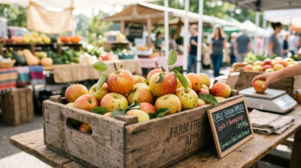 Crate of freshly picked local apples at an early-fall farmers market stand