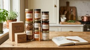 Labelled jars and kraft boxes stacked on a wooden table at season end