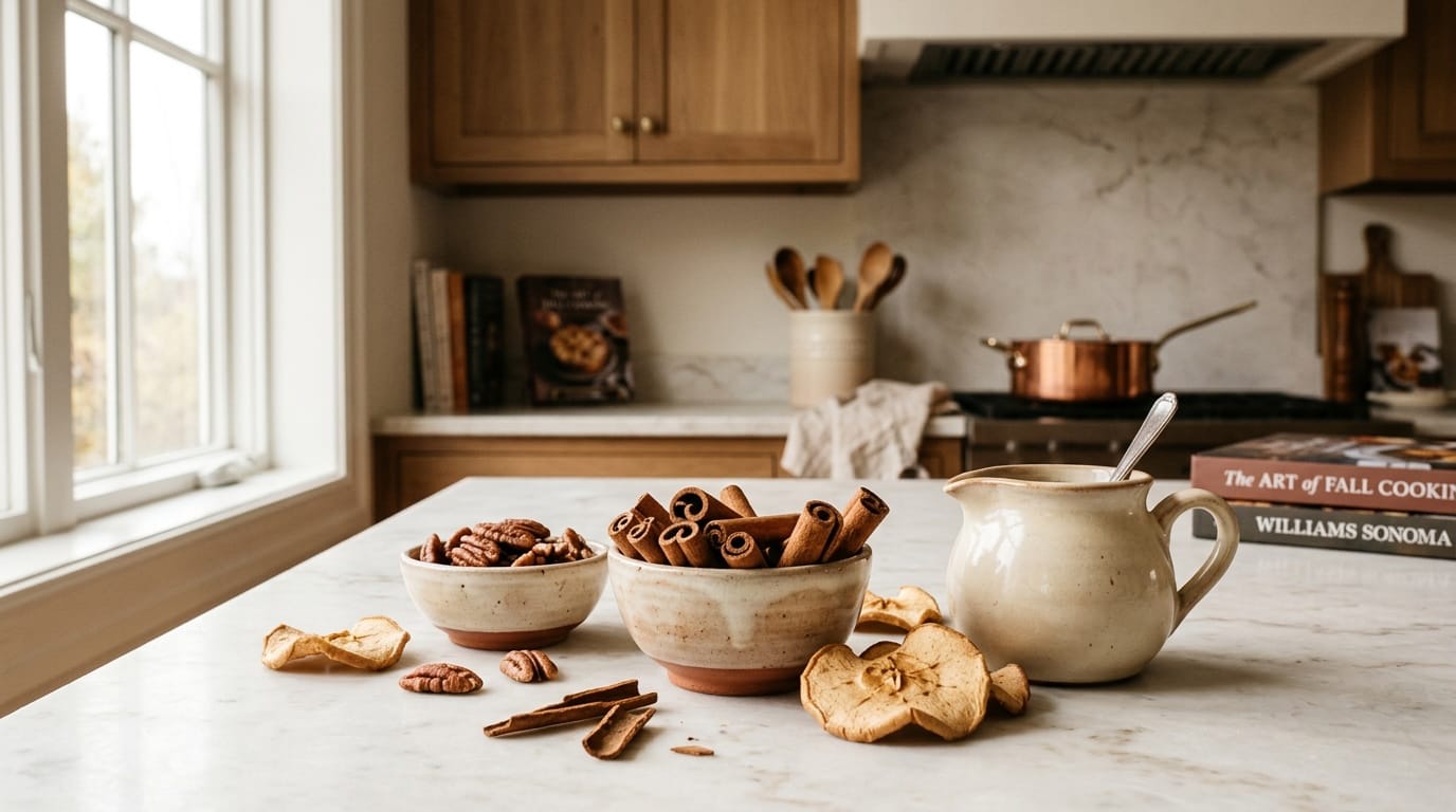 Cinnamon sticks, pecans and maple syrup on white marble