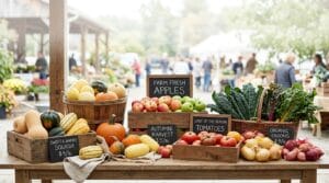 November farmers market table with winter squash, apples, heirloom tomatoes, kale and onions in crates with chalkboard price signs
