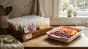 Flat labelled freezer bags stacked beside a tray of open-frozen berries and peppers