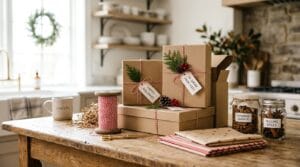 Stacked kraft gift boxes and holiday packaging for a cottage food business selling at winter markets