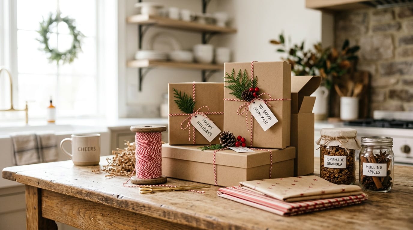 Stacked kraft gift boxes and holiday packaging for a cottage food business selling at winter markets