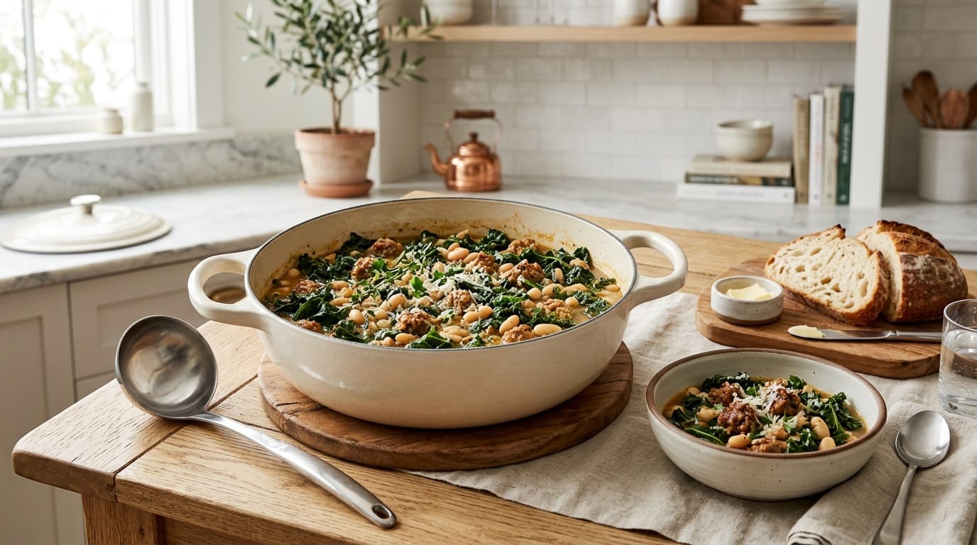 Kale and white bean stew with crumbled sausage in a cream pot, served bowl and bread alongside