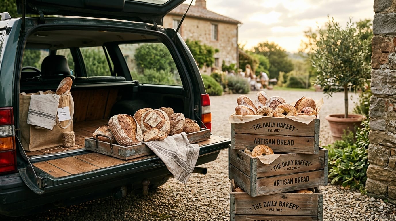 Stacked bread crates and trays of loaves loaded into a car at dawn