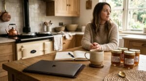 Closed laptop, notebook and jars of finished cottage food on a kitchen table