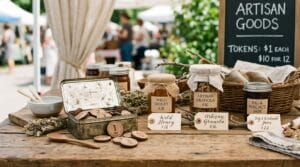 Market booth table with a tin of wooden SNAP tokens beside priced goods