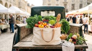 Canvas market tote filled with fresh local produce from a farmers market haul