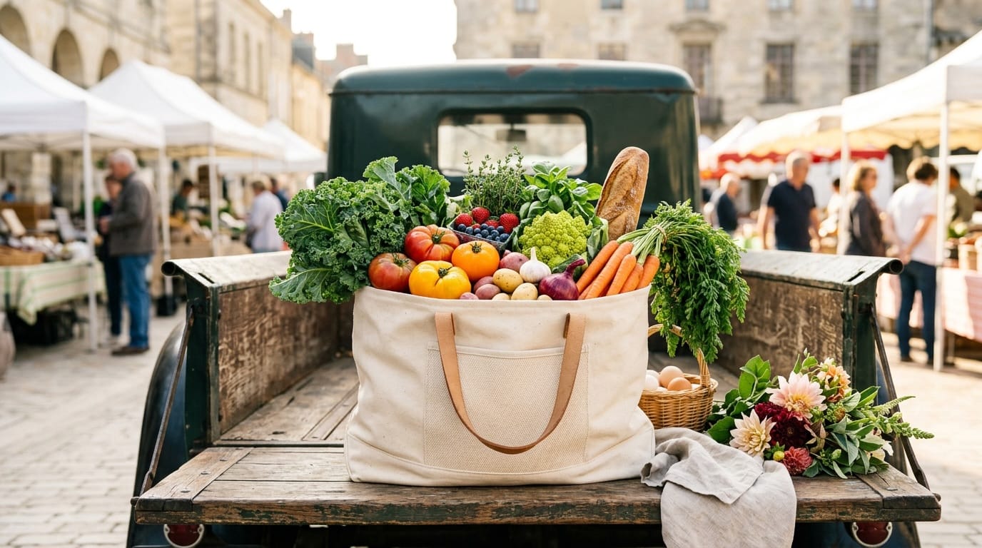 Canvas market tote filled with fresh local produce from a farmers market haul