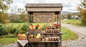 Small wooden roadside farm stand with squash and jars under autumn trees