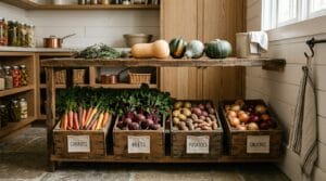 Wooden crates of carrots, beets, potatoes and onions stored in a cool pantry