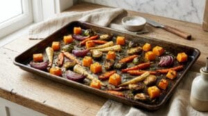 Sheet pan of roasted fall vegetables with dark caramelised edges in a single layer