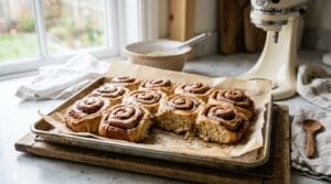 Tray of overnight sourdough cinnamon rolls with vanilla glaze cooling on parchment in a sunlit kitchen