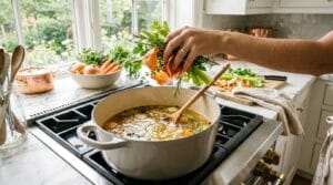 Stockpot with onion skins, carrot tops and herb stalks in golden broth