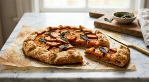 Savory sweet potato and caramelized onion galette with crisp sage, one slice cut