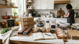 Home baker prepping for market day with labeled boxes, a bake list, cookies, brownies and croissants on a bright kitchen counter