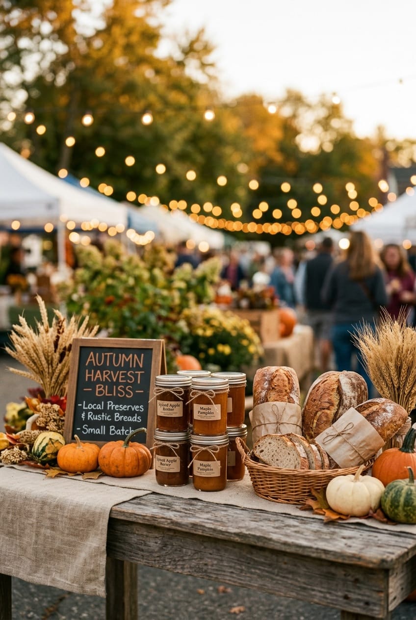 Three Things to Fix in Your Market Booth Before October Fall farmers market booth with a readable chalkboard price sign, tall dried wheat display, jars of preserves and rustic breads at golden hour